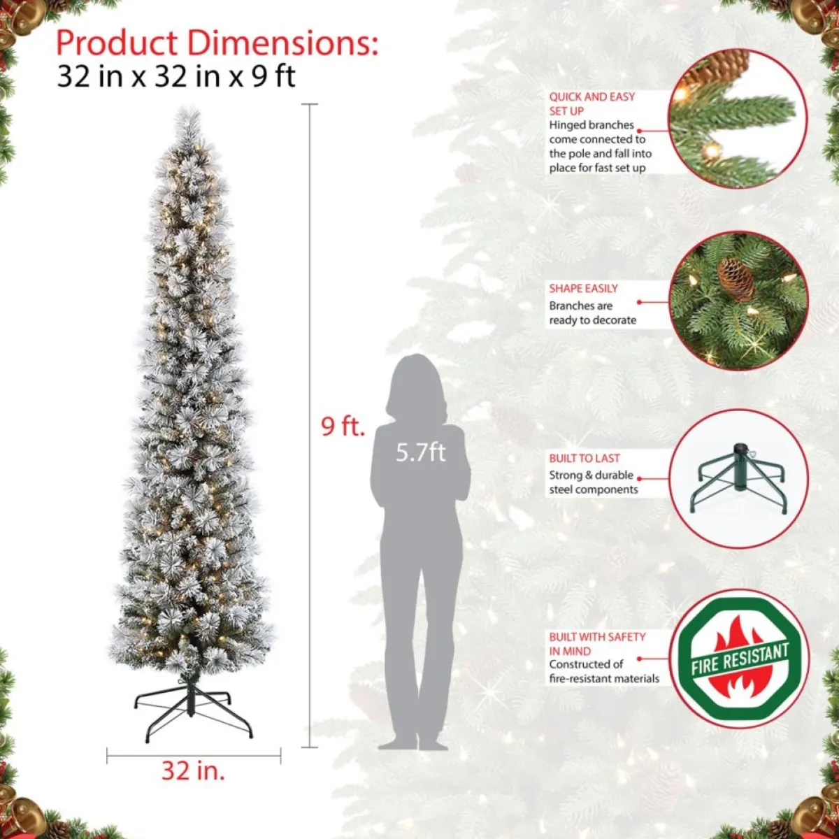 Puleo International 9' Pre-Lit Flocked Pencil Christmas Tree Outlet