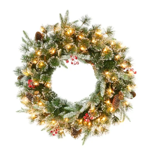 Puleo International Puleo Intl. Pre-Lit 24" Decorated Christmas Wreath W/ 50 Lights, Green