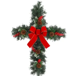 Gerson The Company 24" Greenery Cross W/ Red Berries & Red Bow Stake New