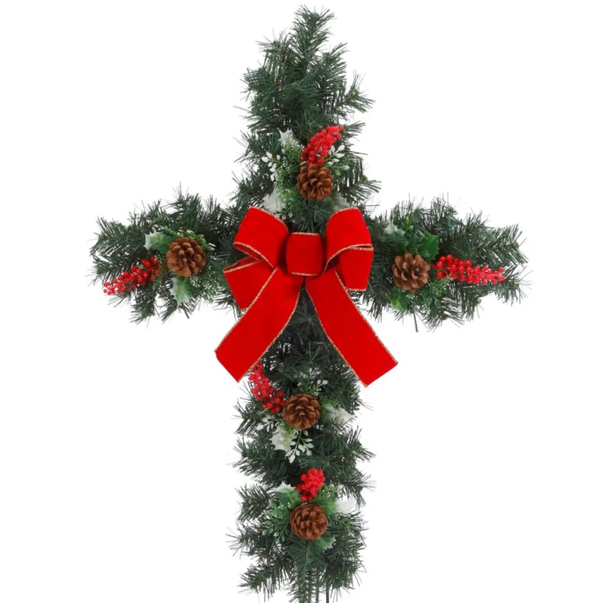 Gerson The Company 24" Greenery Cross W/ Red Berries & Red Bow Stake New