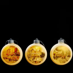 Thomas Kinkade 3-Piece Led Ornaments With Gift Bags New