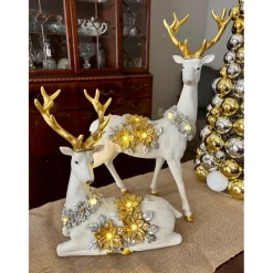 Winter Lane 2-Piece Illuminated Reindeer With Poinsettias Brown Clearance