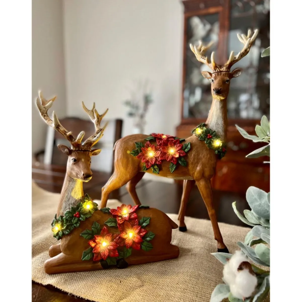 Winter Lane 2-Piece Illuminated Reindeer With Poinsettias Brown Clearance